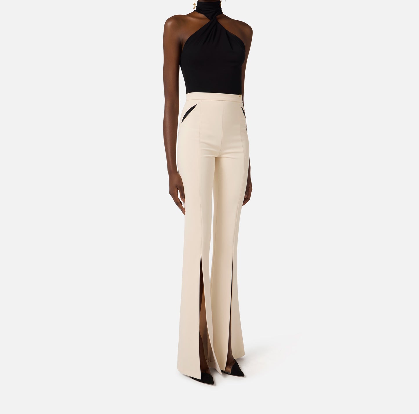 ELISABETTA FRANCHI Pantaloni in crepe leggero con cut out e spacchi PA15961E2 Burro Nero