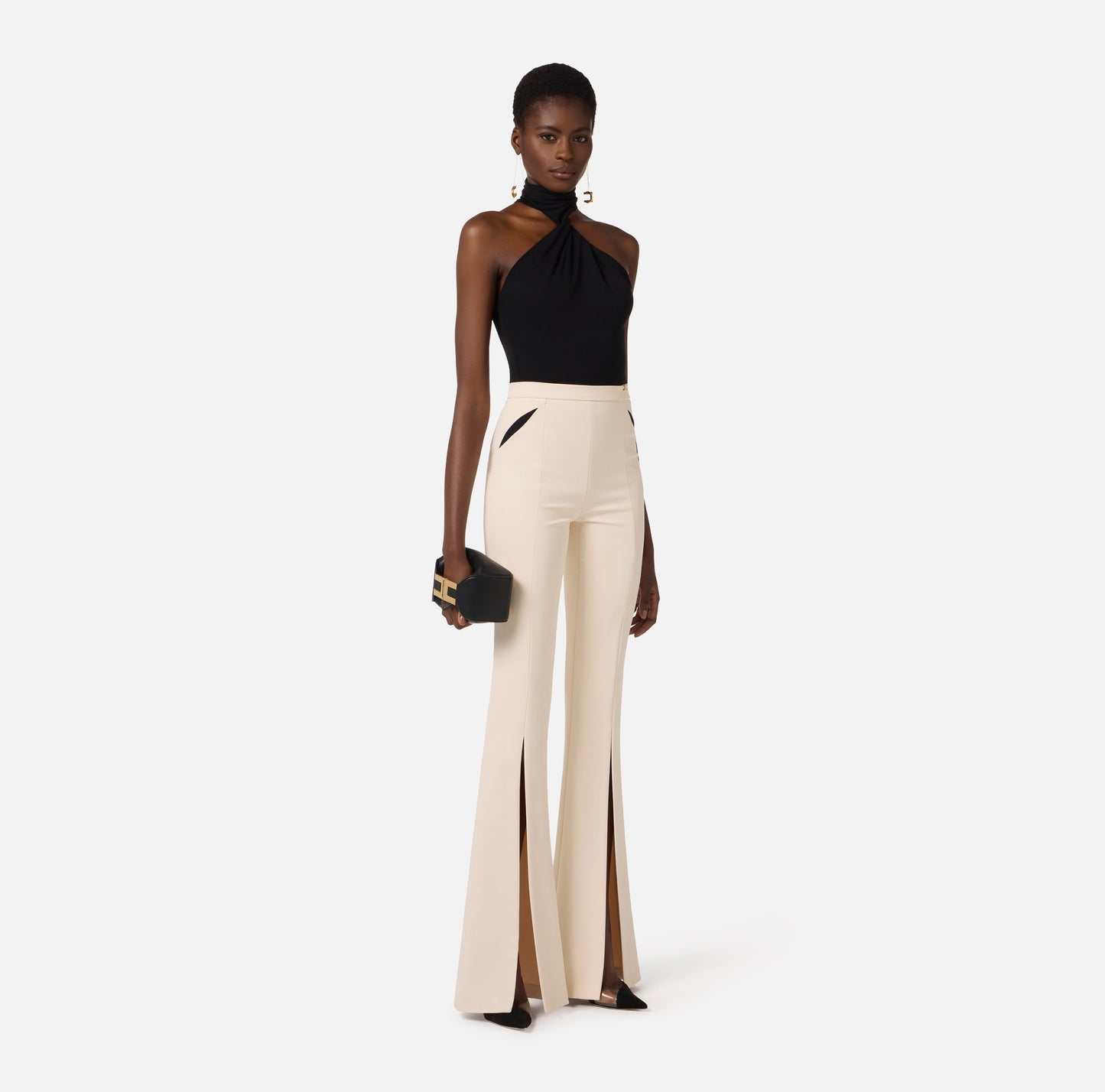 ELISABETTA FRANCHI Pantaloni in crepe leggero con cut out e spacchi PA15961E2 Burro Nero