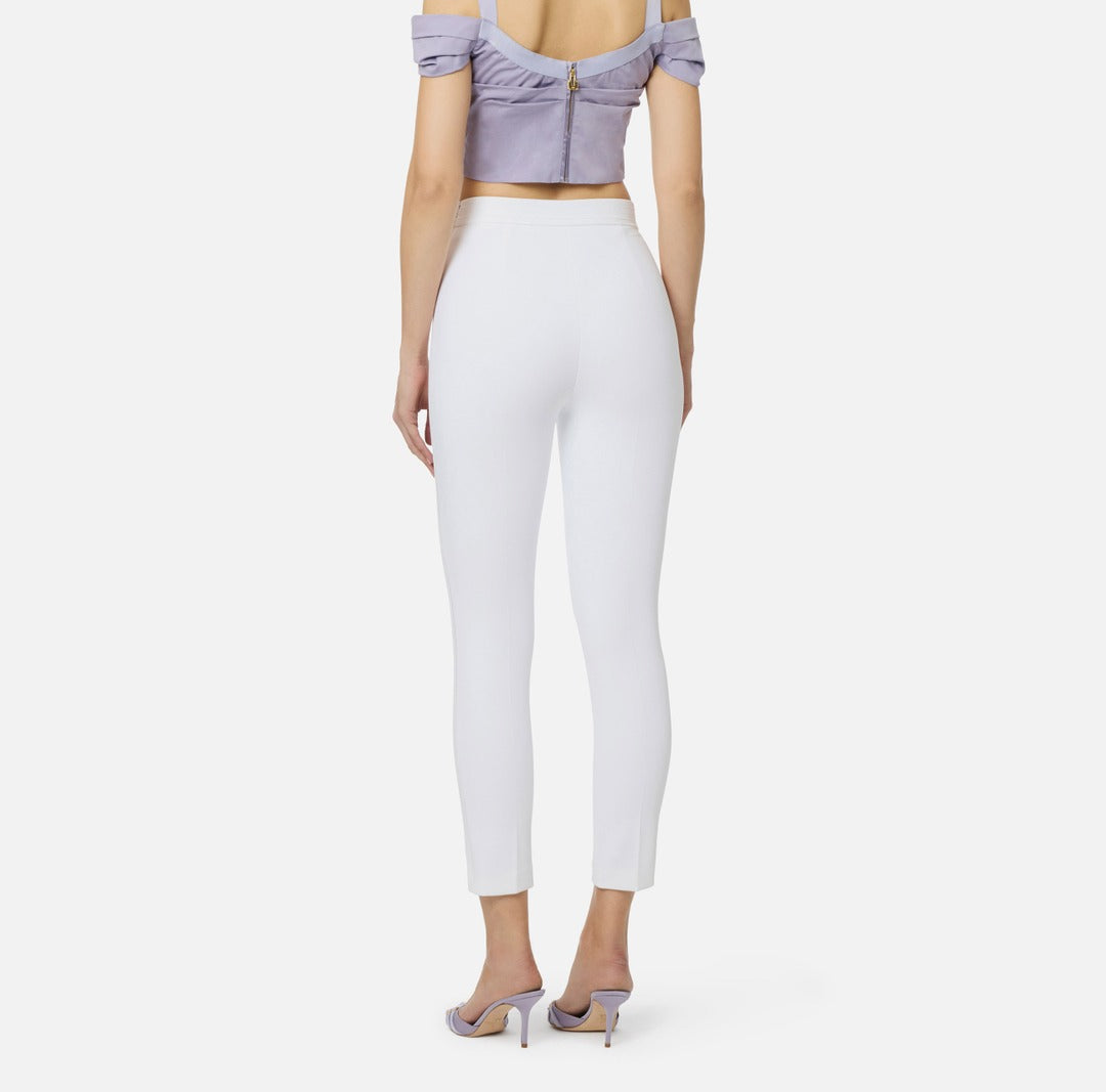 ELISABETTA FRANCHI Double stretch crepe trousers with embroidered logo PA17061E2 Ivory