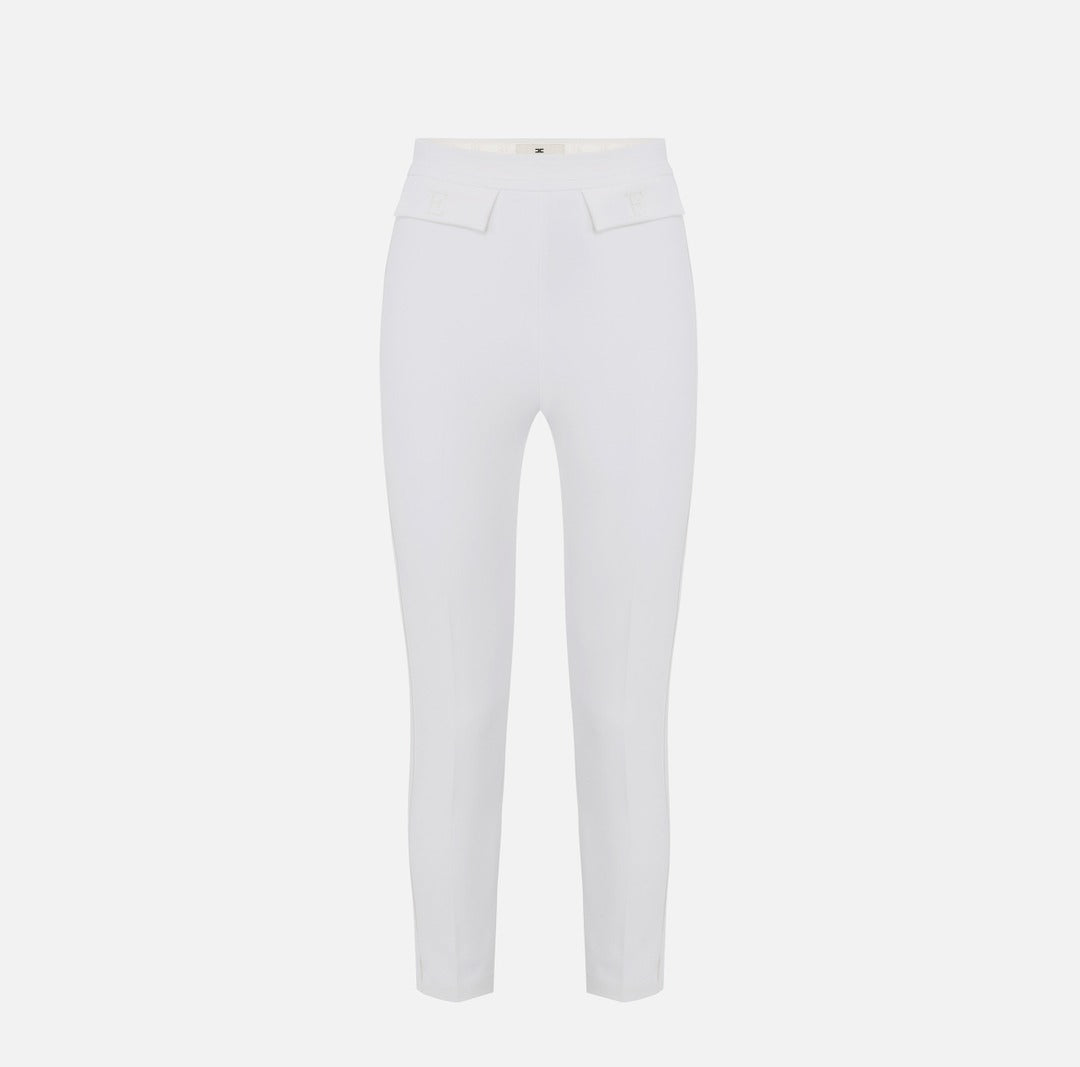 ELISABETTA FRANCHI Double stretch crepe trousers with embroidered logo PA17061E2 Ivory