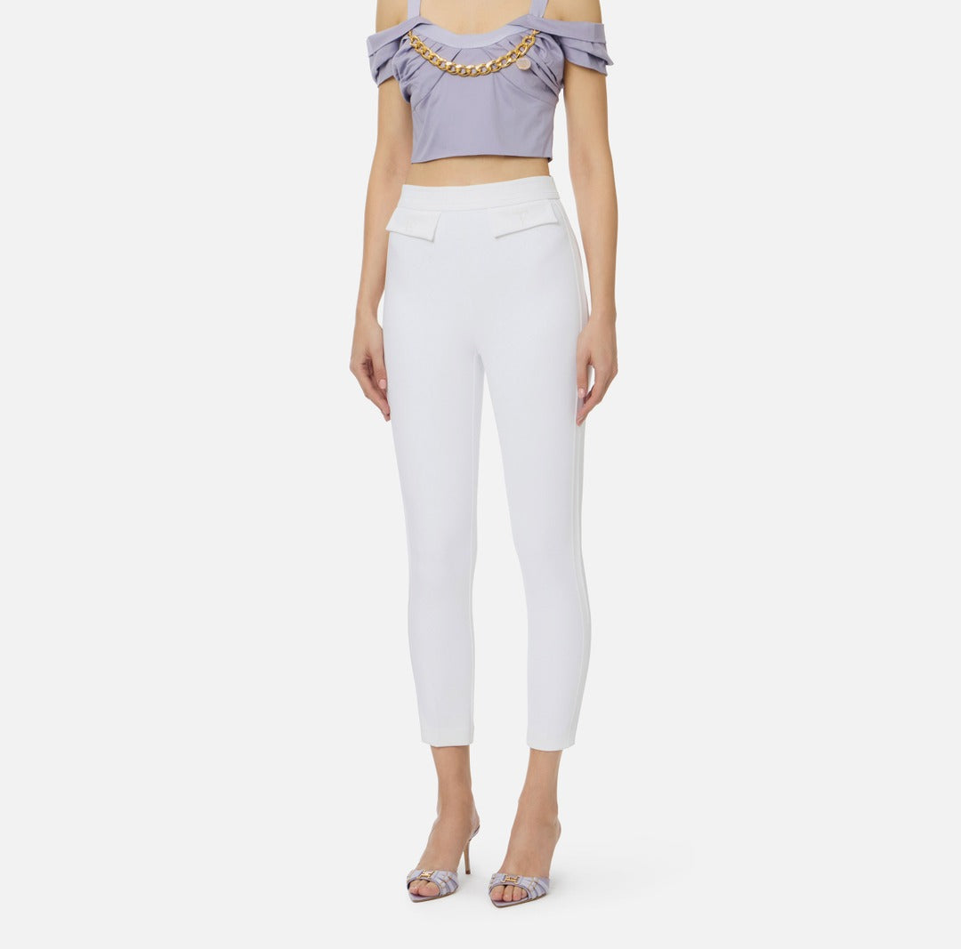 ELISABETTA FRANCHI Double stretch crepe trousers with embroidered logo PA17061E2 Ivory