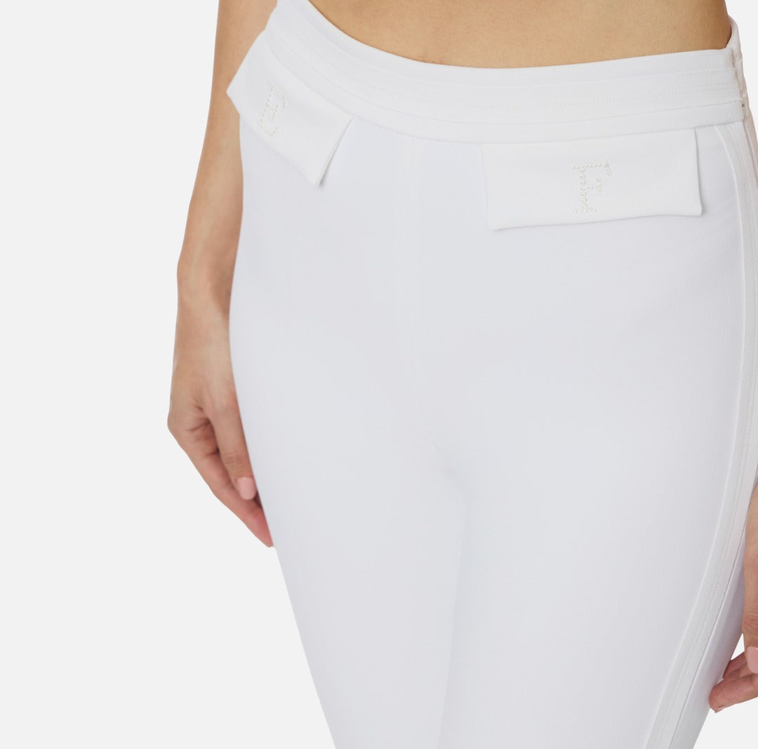 ELISABETTA FRANCHI Double stretch crepe trousers with embroidered logo PA17061E2 Ivory