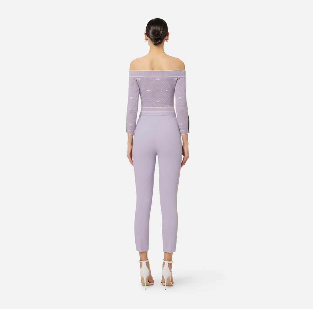 ELISABETTA FRANCHI Double crepe stretch trousers with embroidered logo PA17061E2 Lilac
