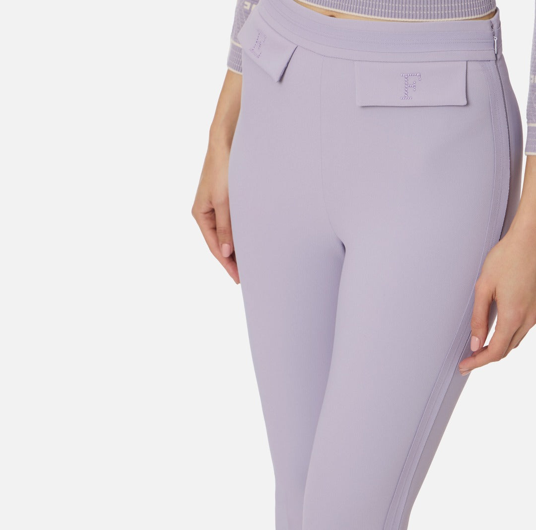 ELISABETTA FRANCHI Double crepe stretch trousers with embroidered logo PA17061E2 Lilac