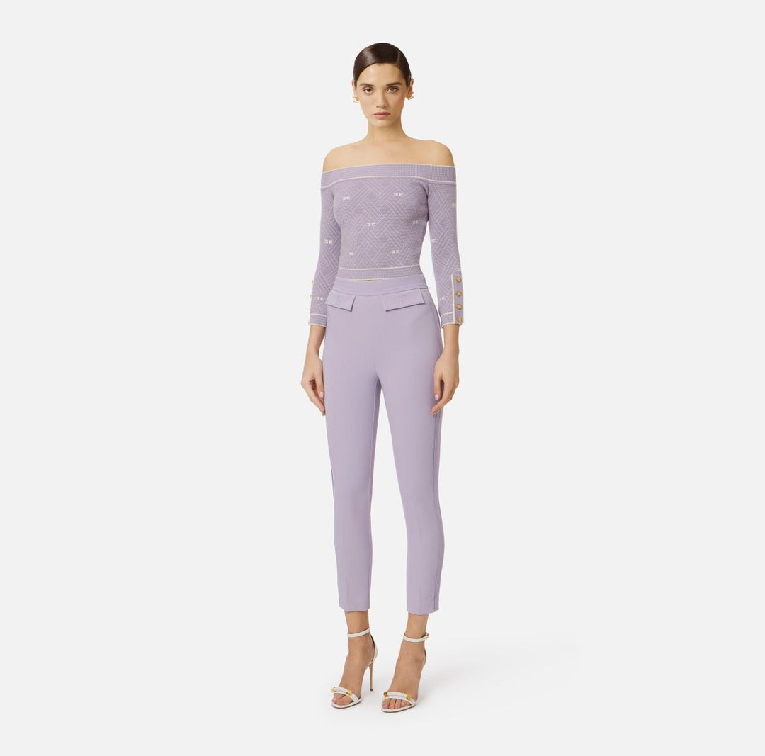 ELISABETTA FRANCHI Double crepe stretch trousers with embroidered logo PA17061E2 Lilac