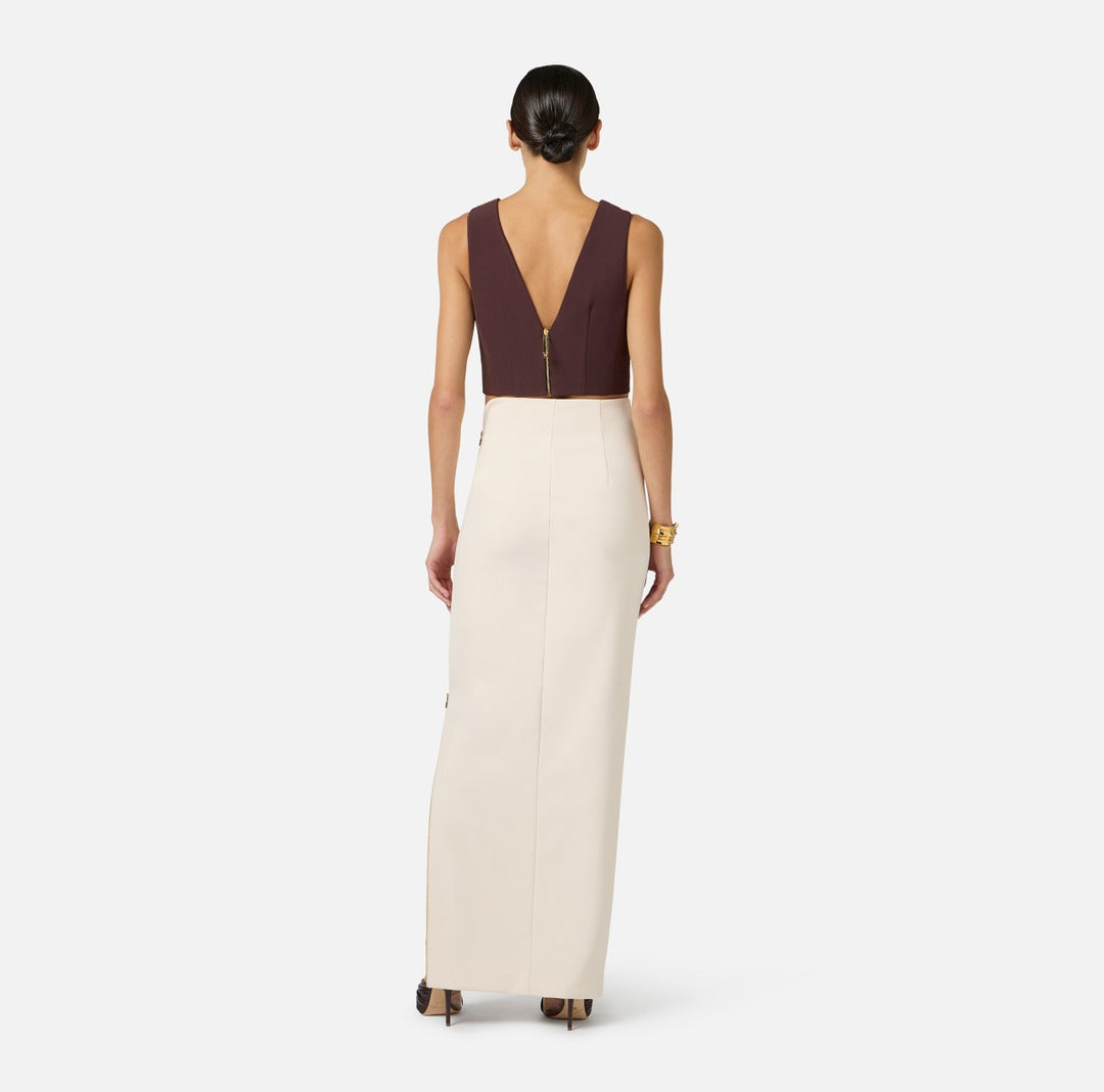 ELISABETTA FRANCHI Double stretch crepe top with jewel neckline TO05061E2 Cacao