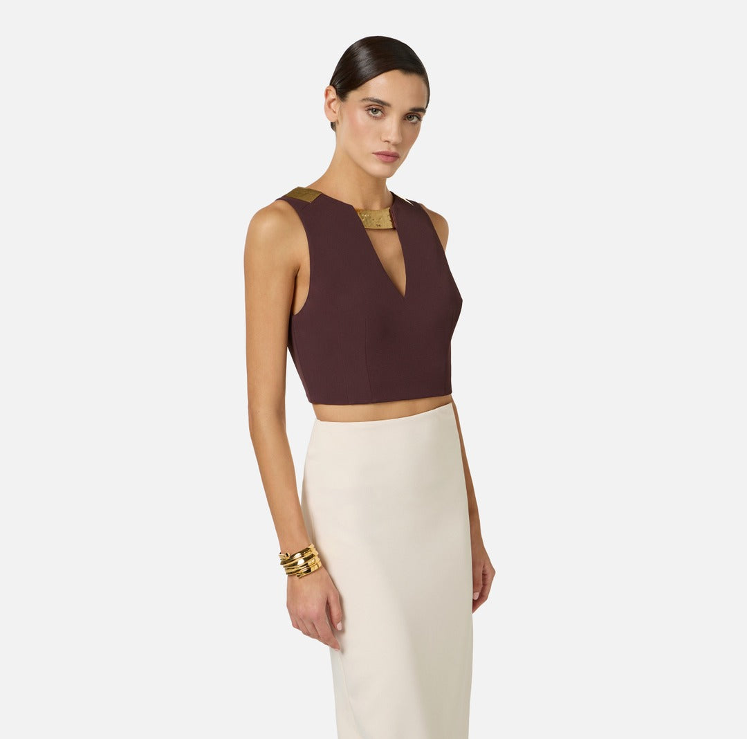 ELISABETTA FRANCHI Double stretch crepe top with jewel neckline TO05061E2 Cacao