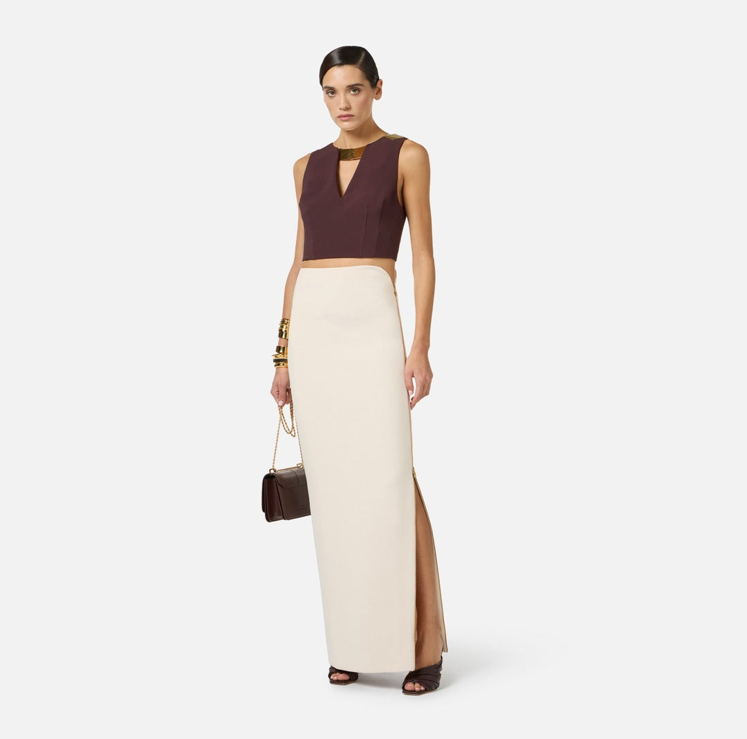 ELISABETTA FRANCHI Double stretch crepe top with jewel neckline TO05061E2 Cacao
