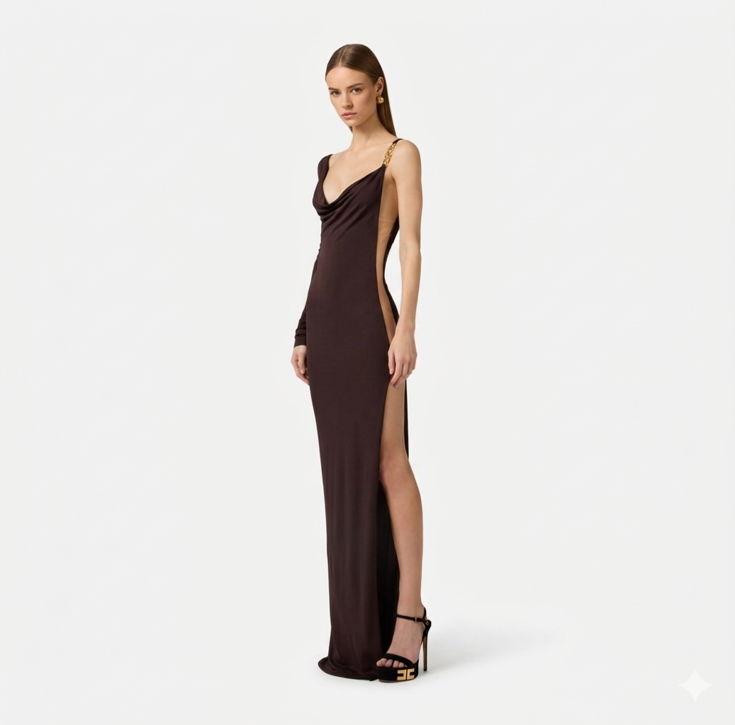 ELISABETTA FRANCHI Red Carpet crepe jersey dress ABR4762E2 Dark Chocolate