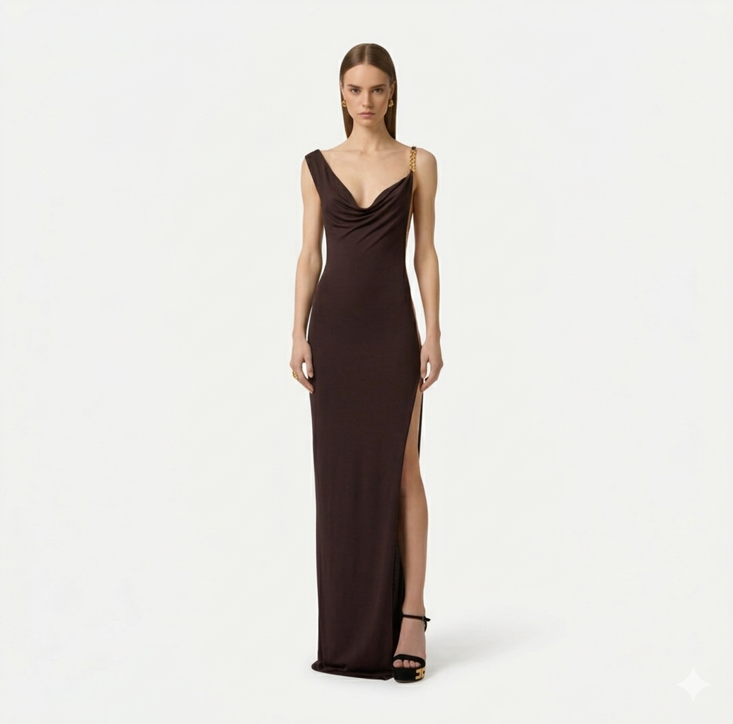 ELISABETTA FRANCHI Red Carpet crepe jersey dress ABR4762E2 Dark Chocolate