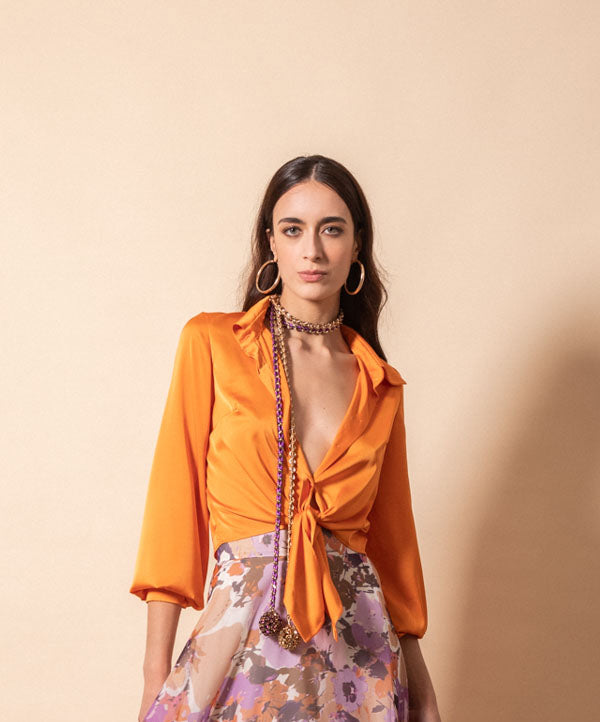 GIADA CURTI Camicia Cropped Nodo Satin GCR24KN155S54 Arancio