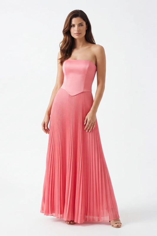 KUEA Abito Lungo Pesco Bustier con Gonna Plissé e Stola KS2408