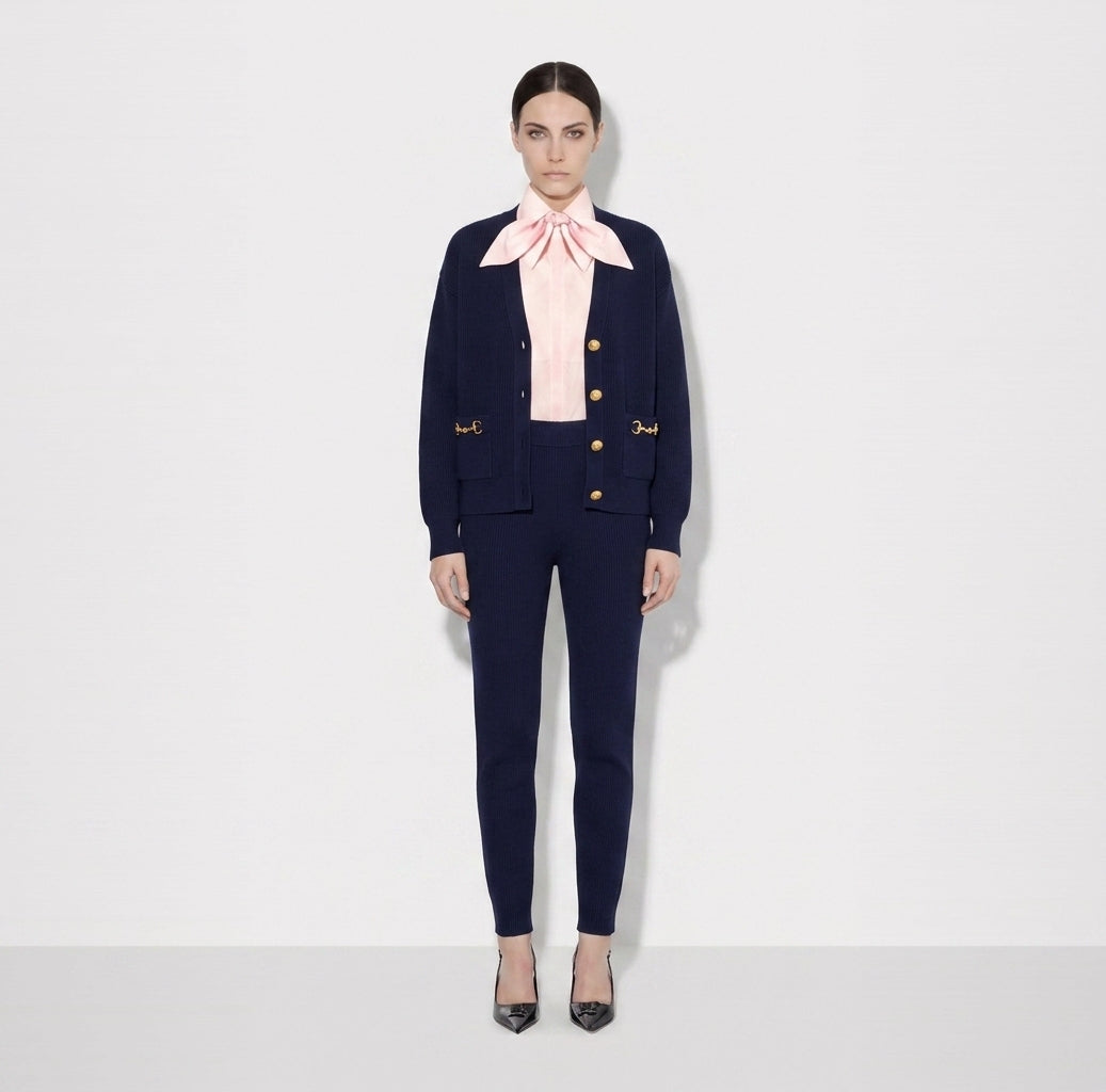 ELISABETTA FRANCHI Maglia Cardigan in maglia con bottoni gioiello MK01S66E2 Blu Notte
