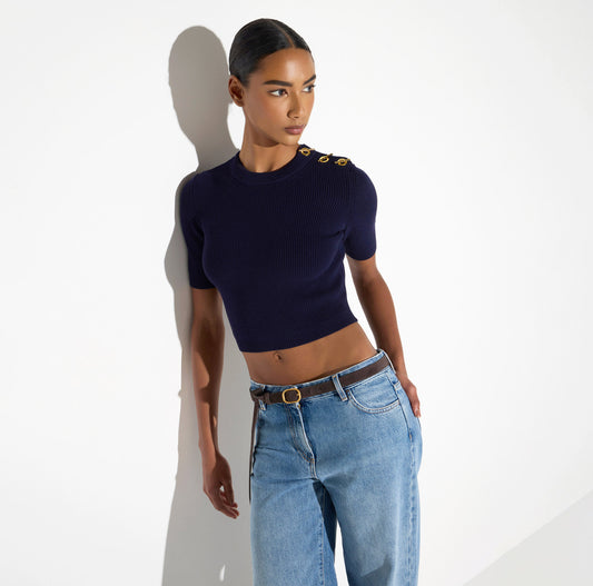 ELISABETTA FRANCHI Top in maglia con dettagli gioiello MK02S66E2 Blu Notte