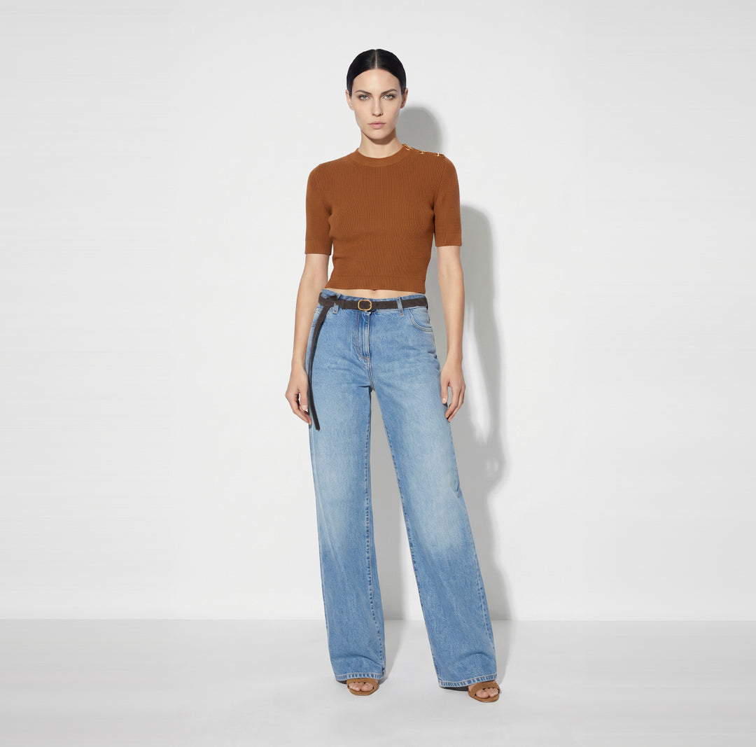 ELISABETTA FRANCHI Top in maglia con dettagli gioiello MK02S66E2 Sigaro