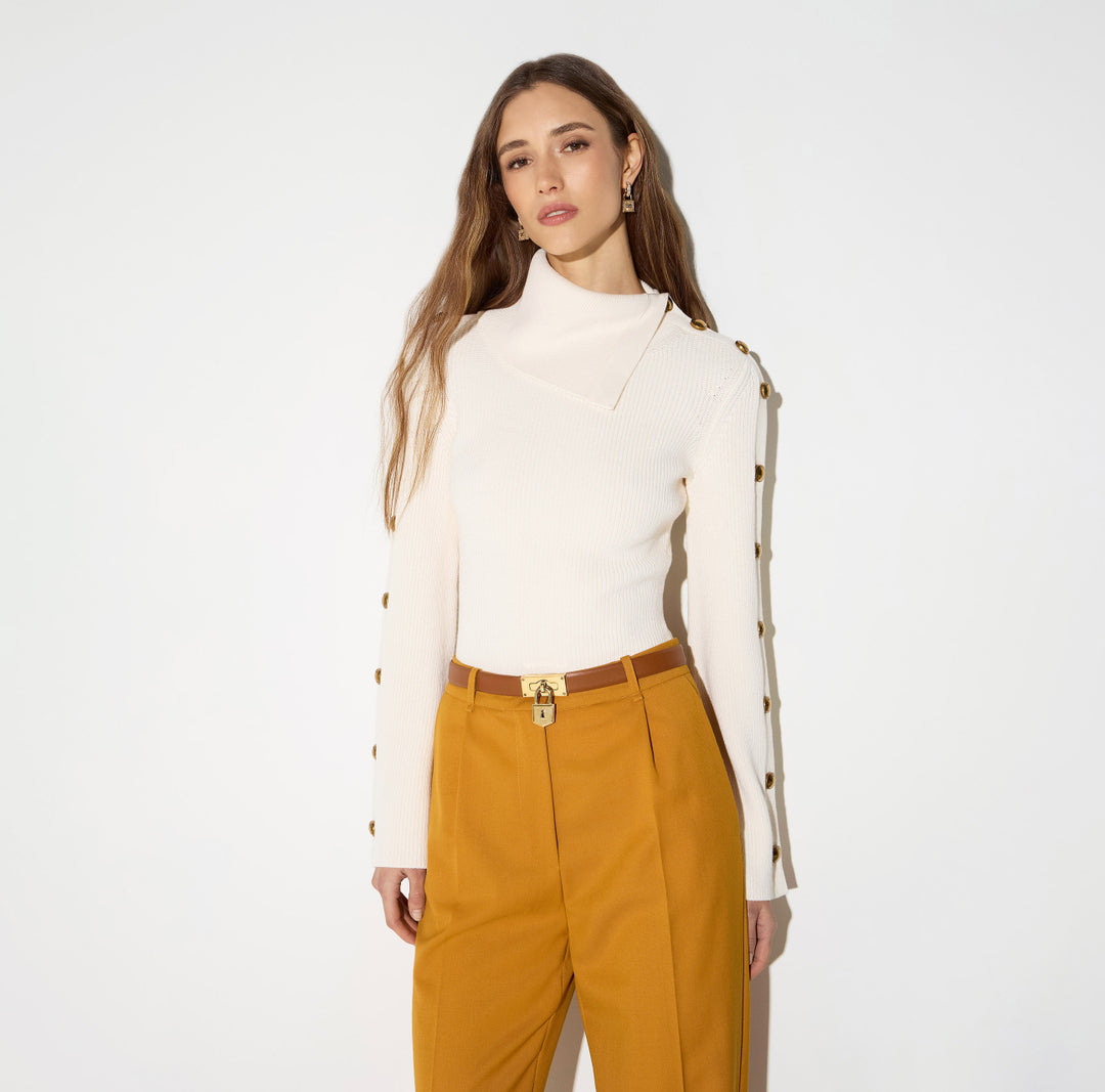 ELISABETTA FRANCHI Pullover in maglia con bottoni gioiello MK03S66E2 Burro