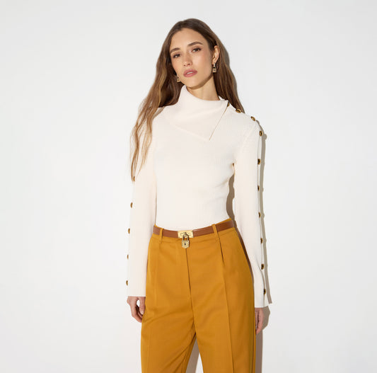 ELISABETTA FRANCHI Pullover in maglia con bottoni gioiello MK03S66E2 Burro
