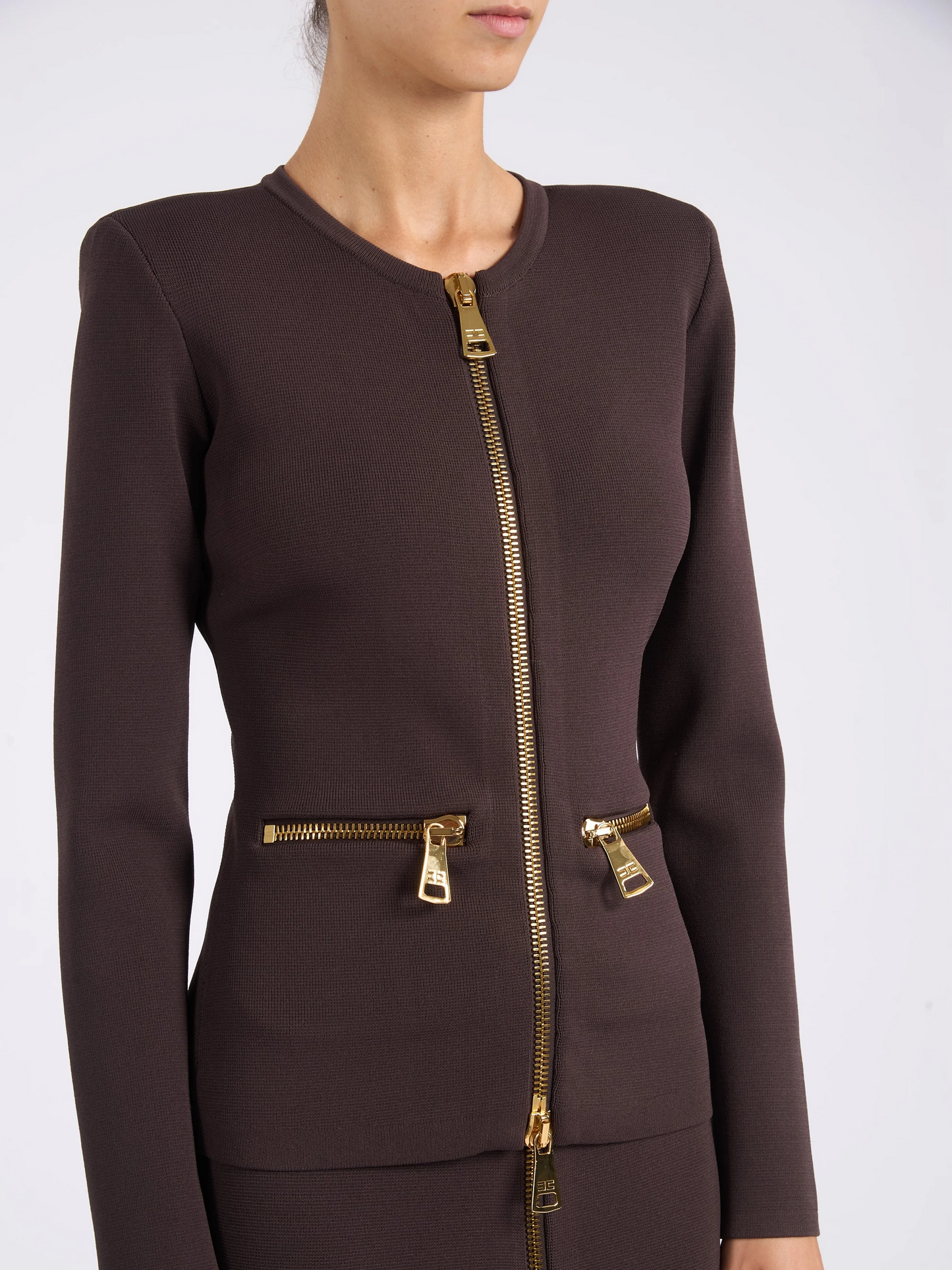 ELISABETTA FRANCHI Maglia Giacca Cardigan  in maglia con zip MK68B66E2 Dark Chocolate
