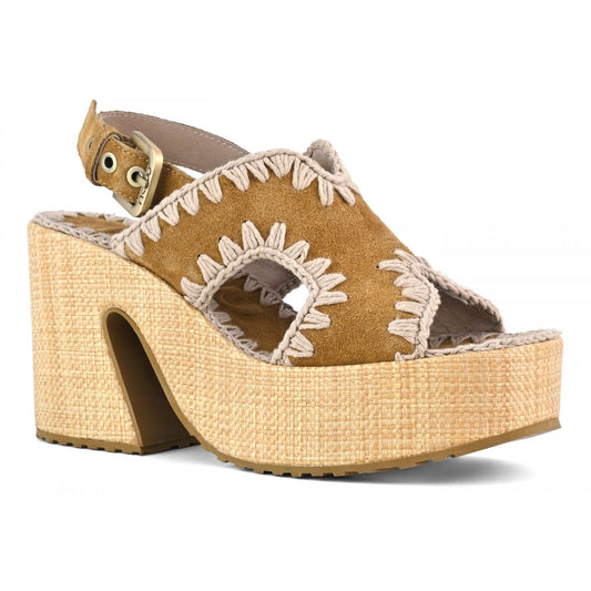 MOU Raffia platform Cognac/Antique Gold Buckle