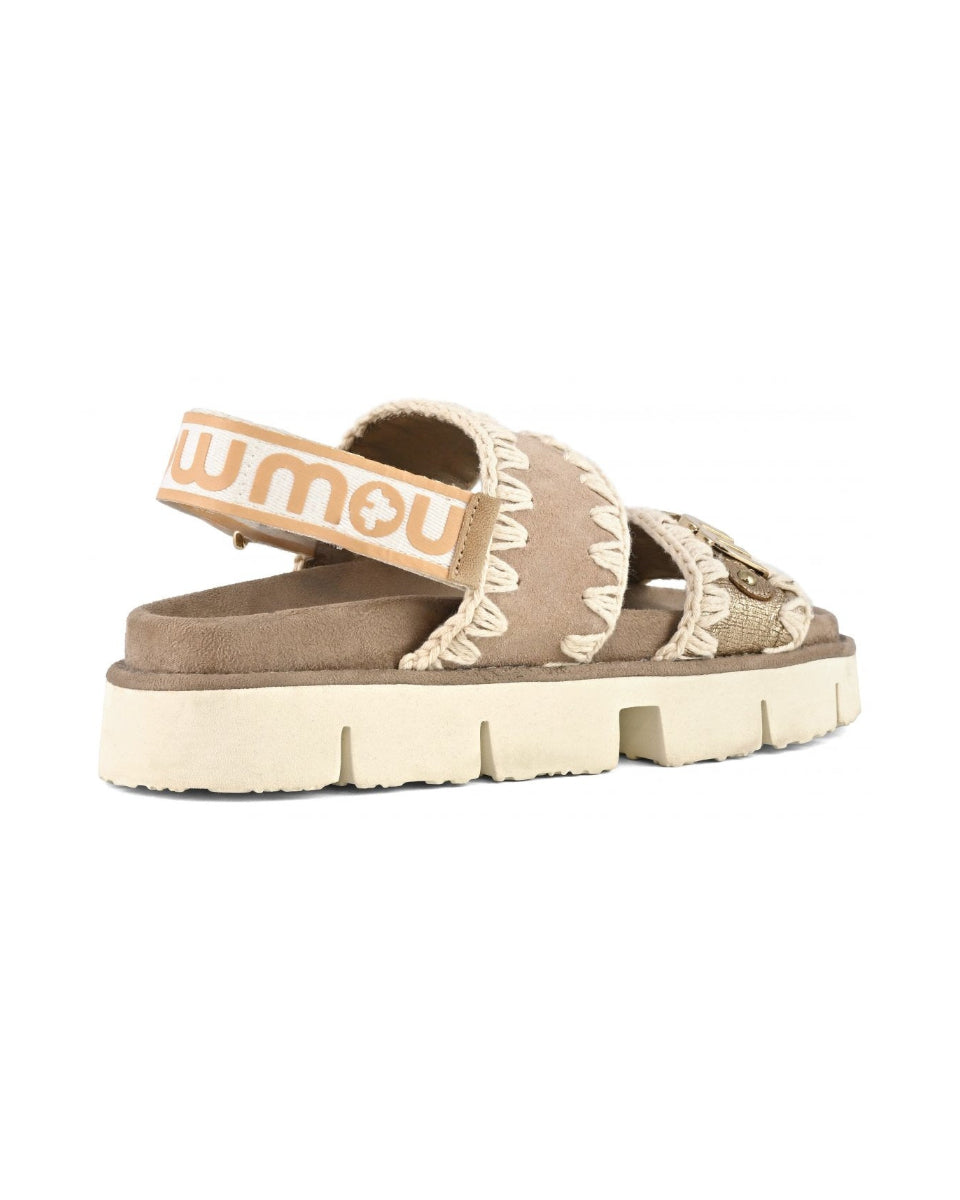 MOU Bio sandal suede & leather logo metallic lizard gold