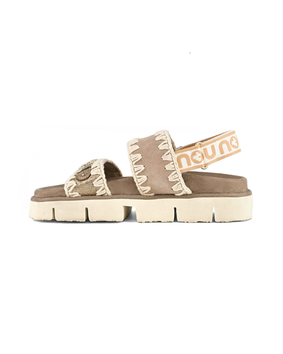 MOU Bio sandal suede & leather logo metallic lizard gold