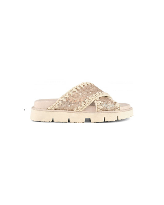 MOU Criss-cross bio sandal sequins microsequins natural