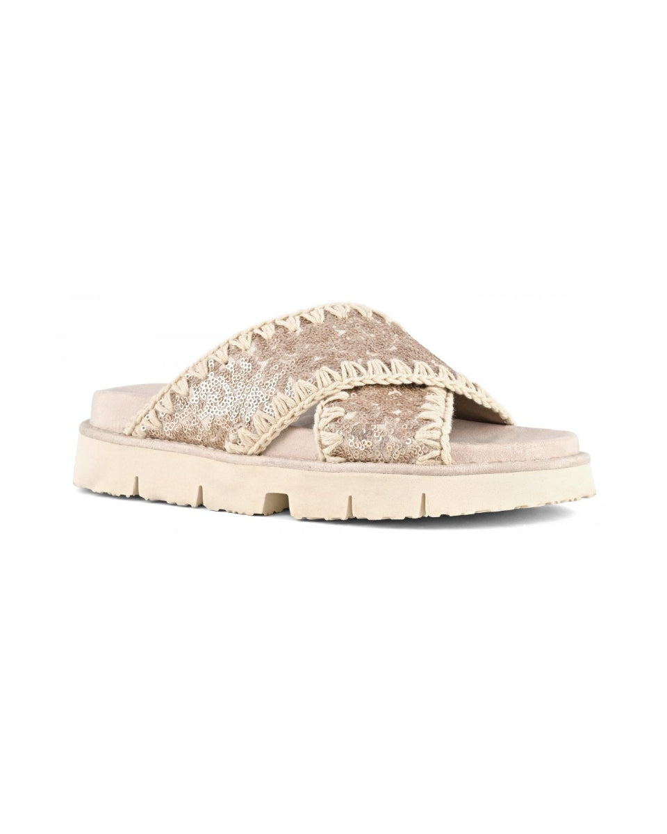 MOU Criss-cross bio sandal sequins microsequins natural