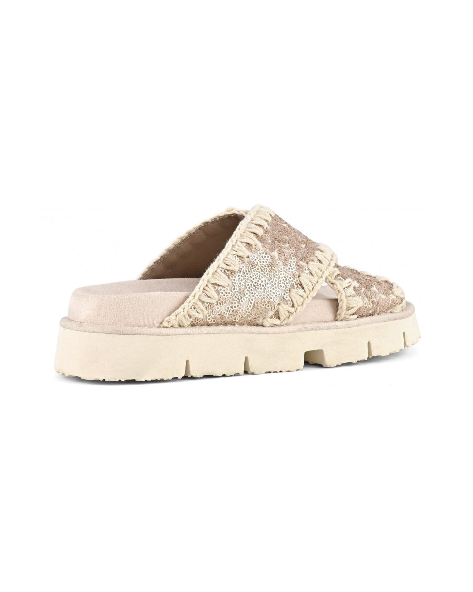 MOU Criss-cross bio sandal sequins microsequins natural