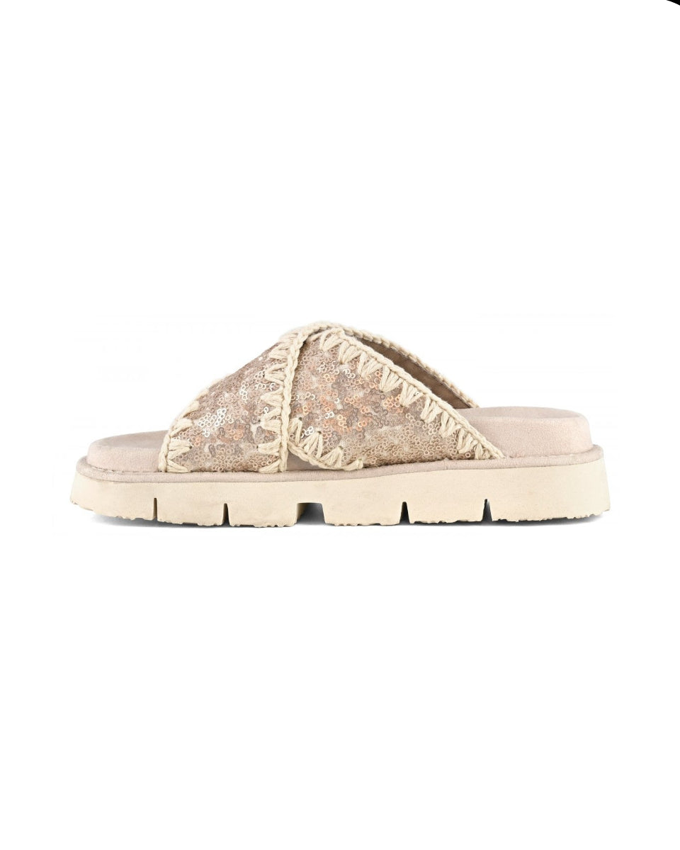 MOU Criss-cross bio sandal sequins microsequins natural