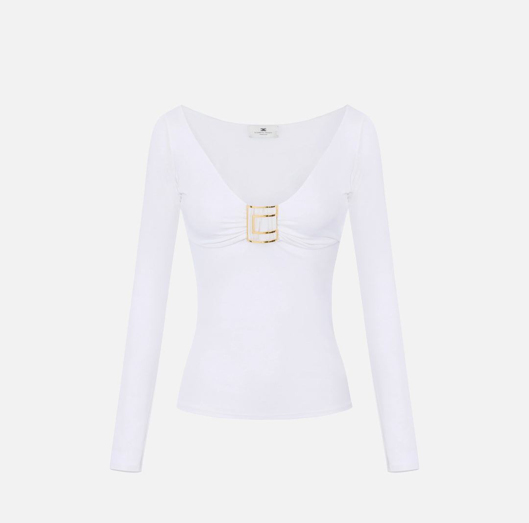 ELISABETTA FRANCHI Maglia in jersey con logo gioiello MD00567E2 Avorio