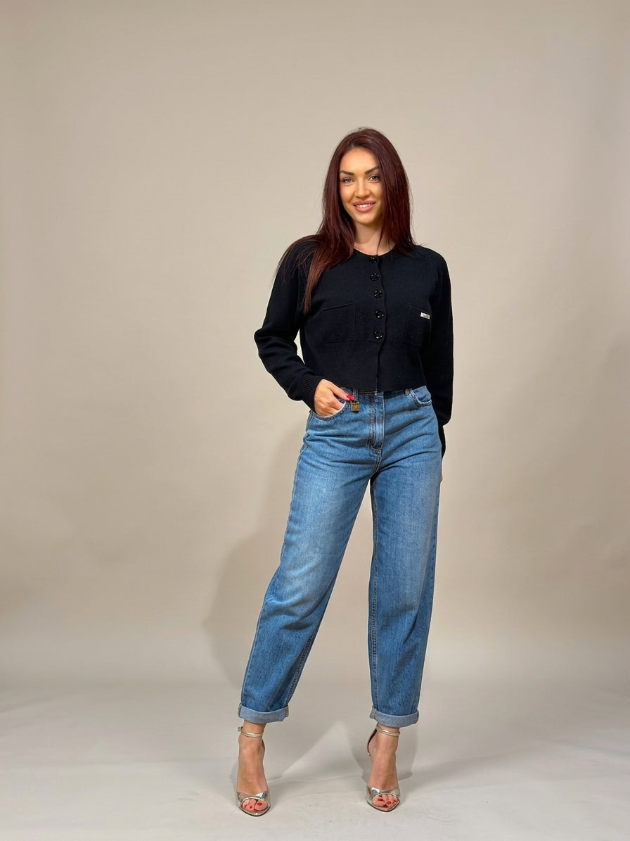 ELISABETTA FRANCHI Jeans Boyfriend con Risvolto e Placca Logo PJ14D66E2 Blue Vintage