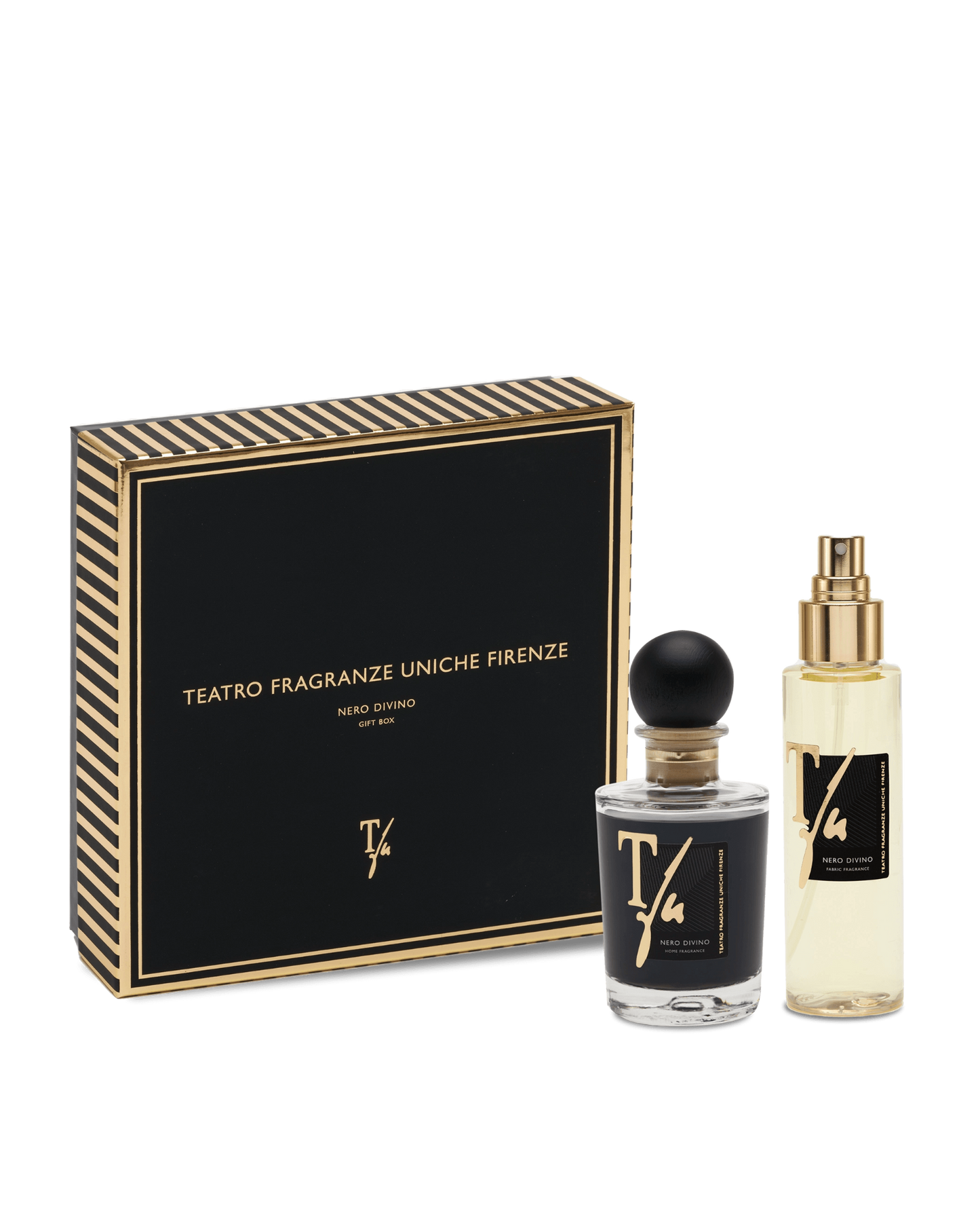 TEATRO FRAGRANZE UNICHE Gift Box NERO DIVINO Combo Fragranza Tessuti Spray ML.100+ Fragranza Ambiente Sticks ML.100