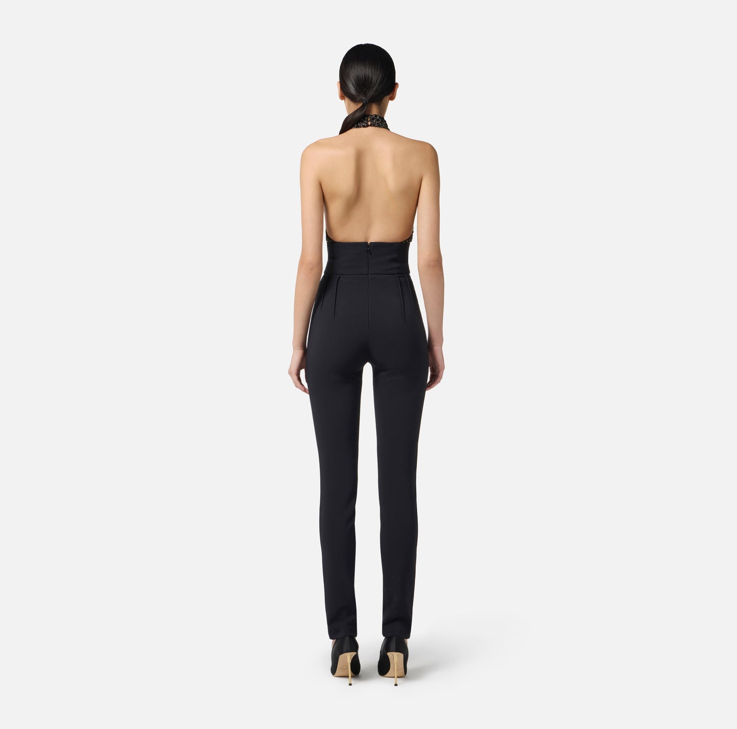 ELISABETTA FRANCHI Tuta in tulle e crepe con ricami cocco TU06257E2 Nero