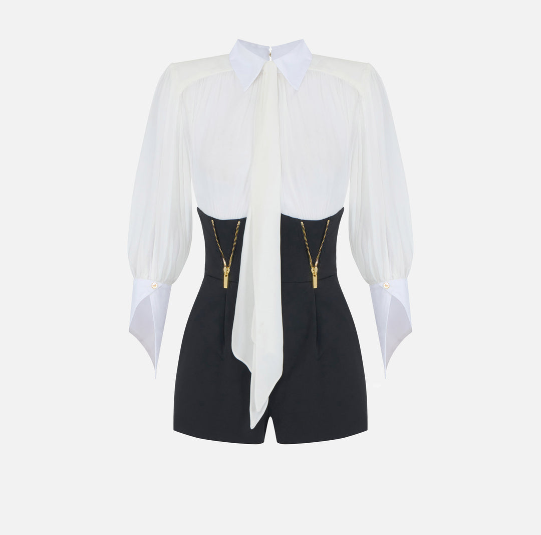 ELISABETTA FRANCHI Tuta in georgette e tessuto tecnico TU06566E2 Avorio Nero