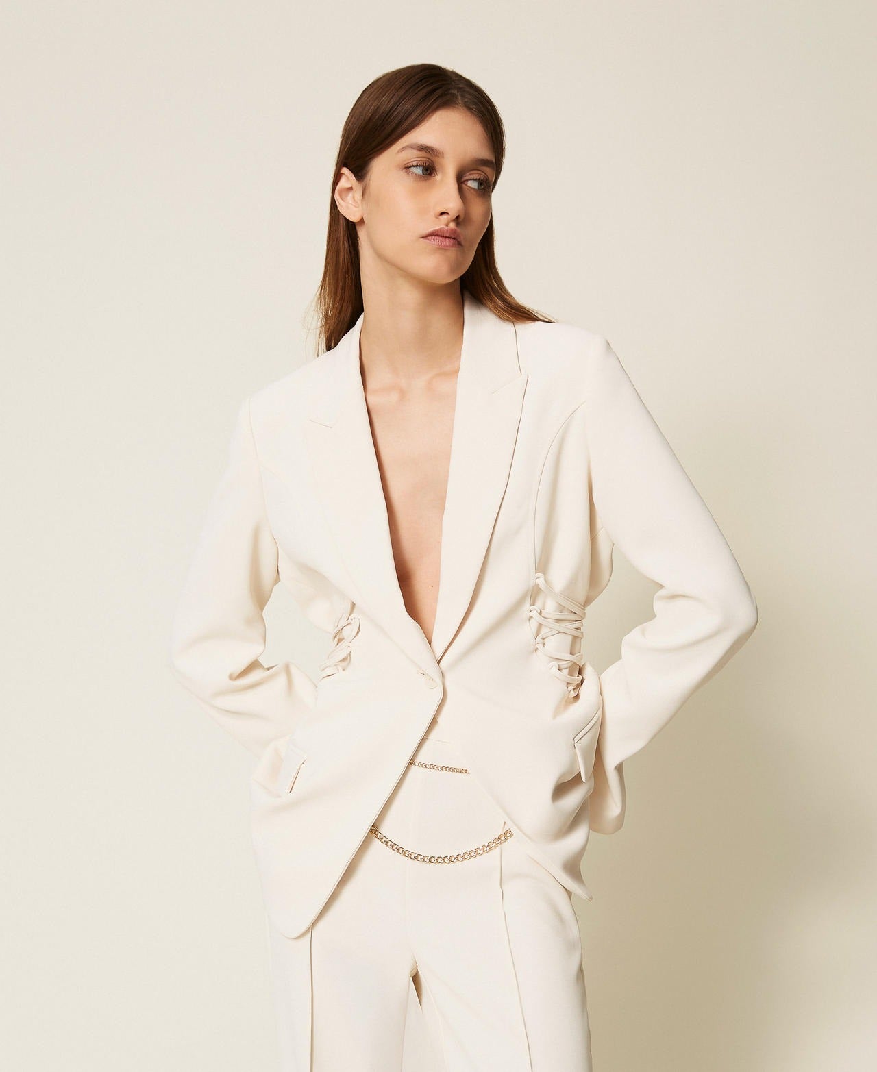 TWINSET Giacca Blazer Donna  in crêpe cady con lacci 252TP2285 Madreperla