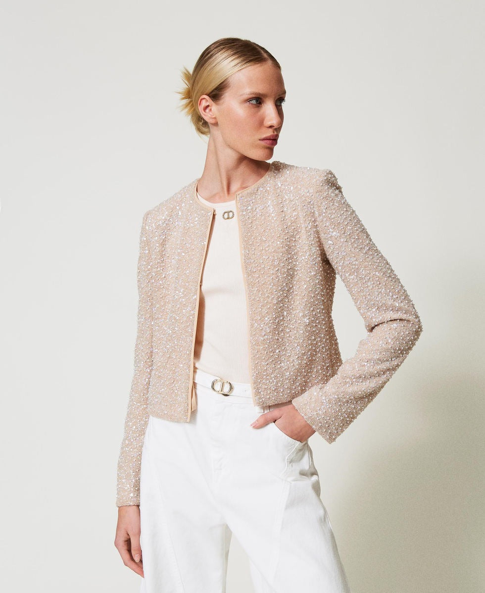 TWINSET Giacchina Donna 251TP2202 Ric.Sequins Pearl Neve Delicate Beige