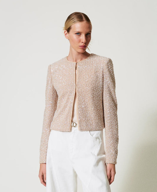 TWINSET Giacchina Donna 251TP2202 Ric.Sequins Pearl Neve Delicate Beige