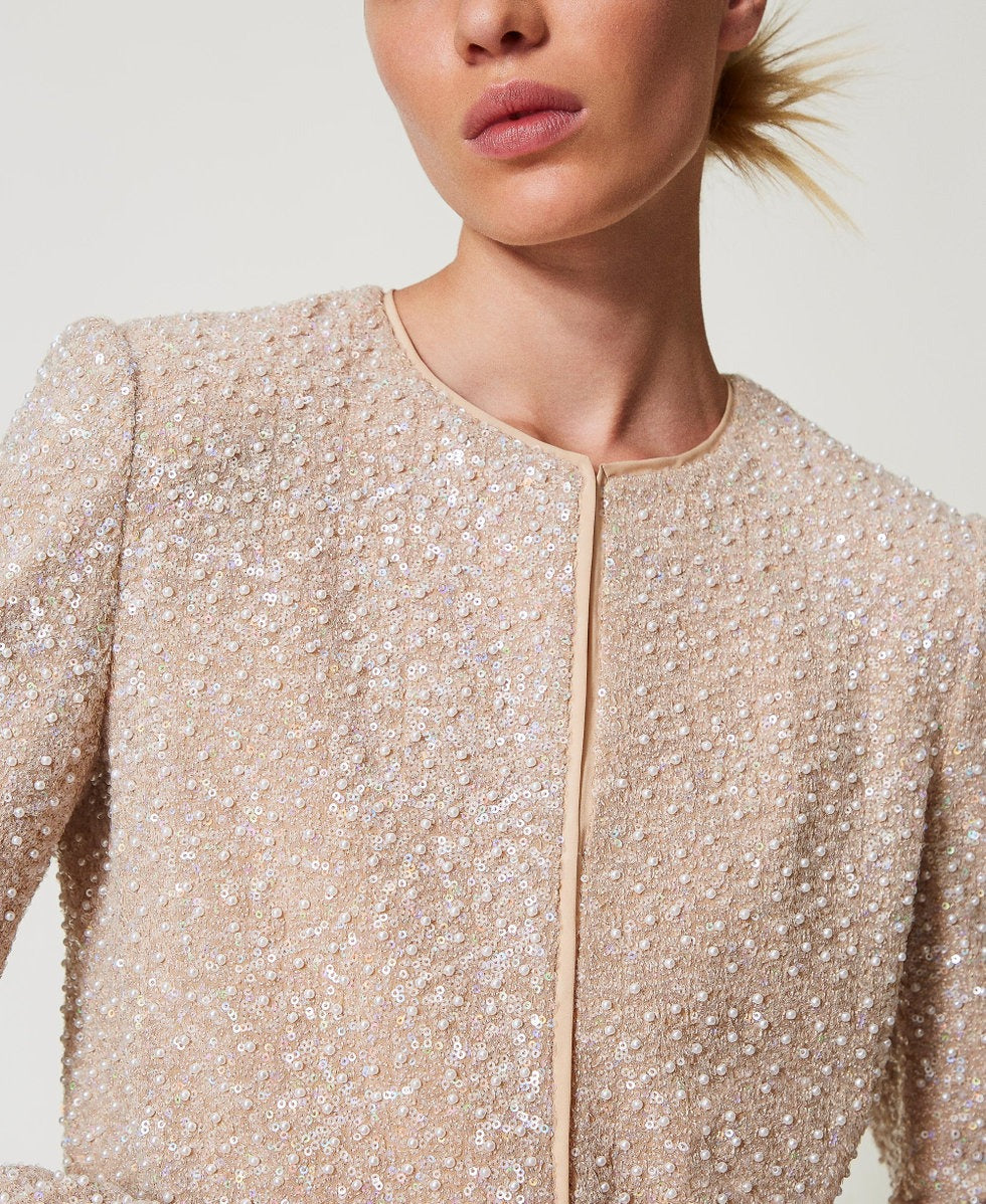 TWINSET Giacchina Donna 251TP2202 Ric.Sequins Pearl Neve Delicate Beige