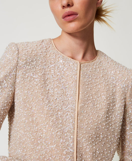 TWINSET Giacchina Donna 251TP2202 Ric.Sequins Pearl Neve Delicate Beige