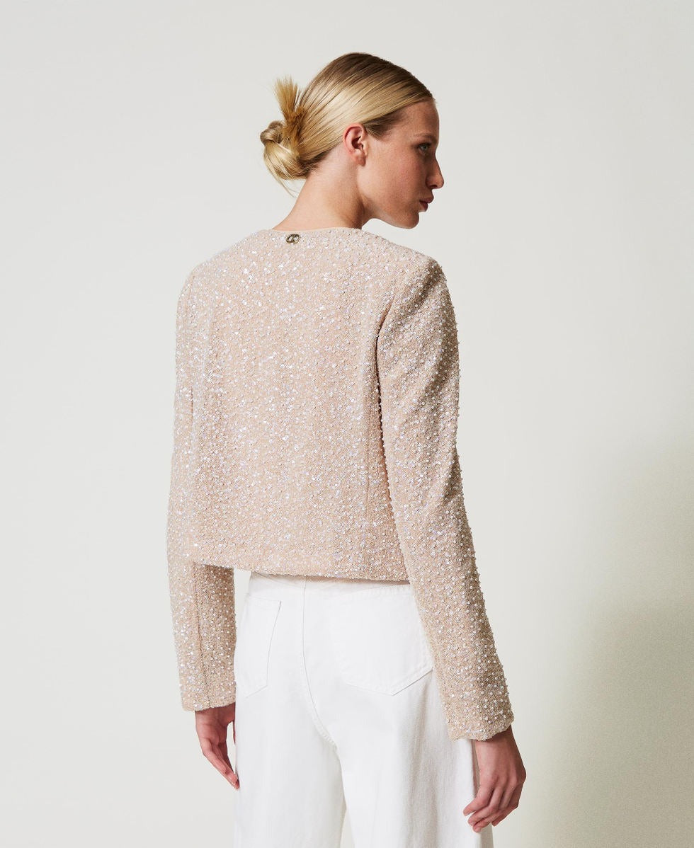 TWINSET Giacchina Donna 251TP2202 Ric.Sequins Pearl Neve Delicate Beige