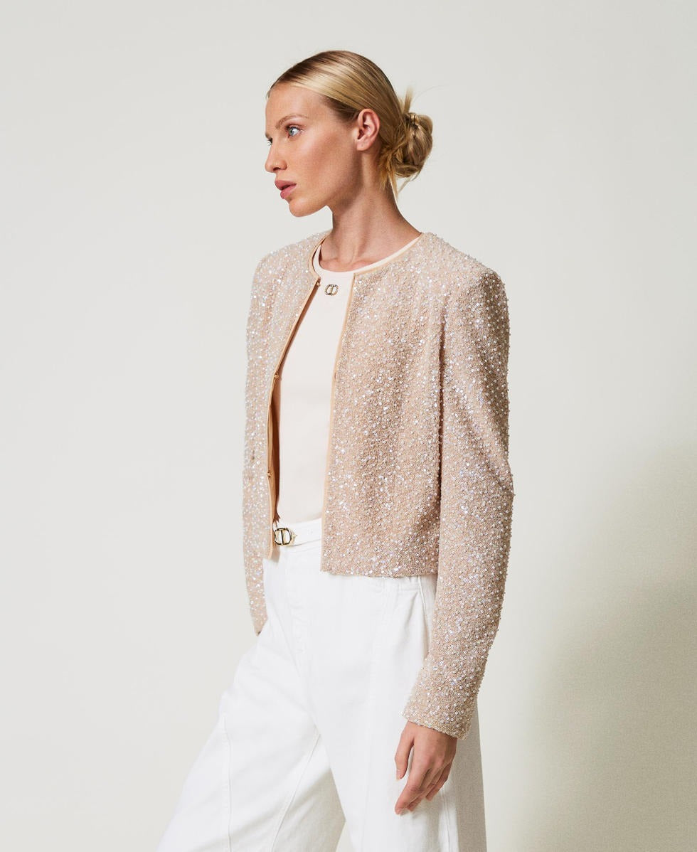 TWINSET Giacchina Donna 251TP2202 Ric.Sequins Pearl Neve Delicate Beige