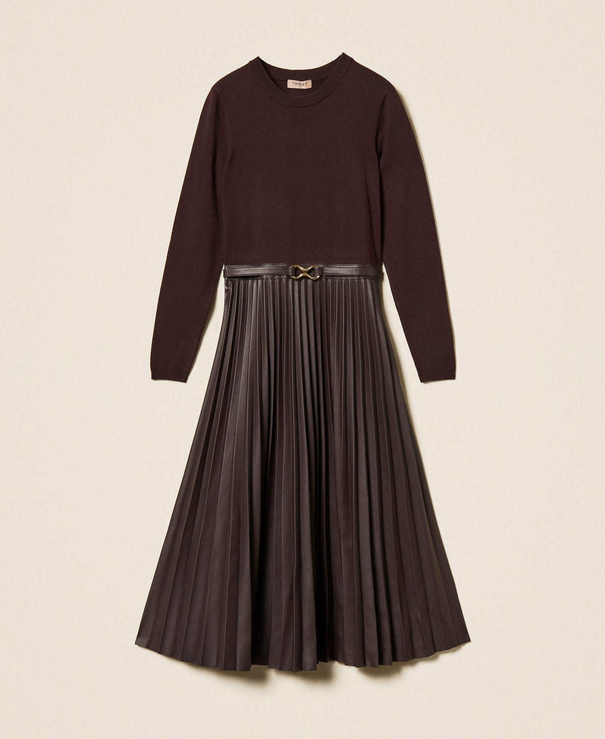 TWINSET Abito lungo in maglia ed effetto pelle 262TT3430 Coffe Chocolate