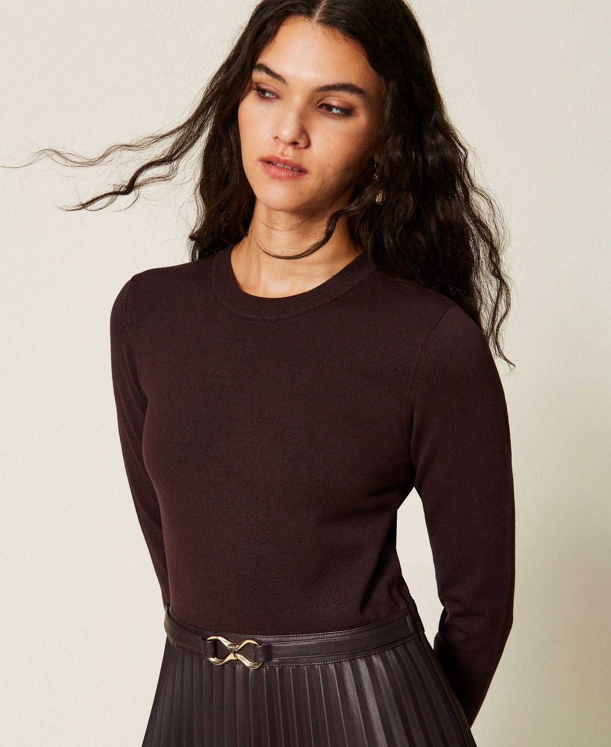TWINSET Abito lungo in maglia ed effetto pelle 262TT3430 Coffe Chocolate