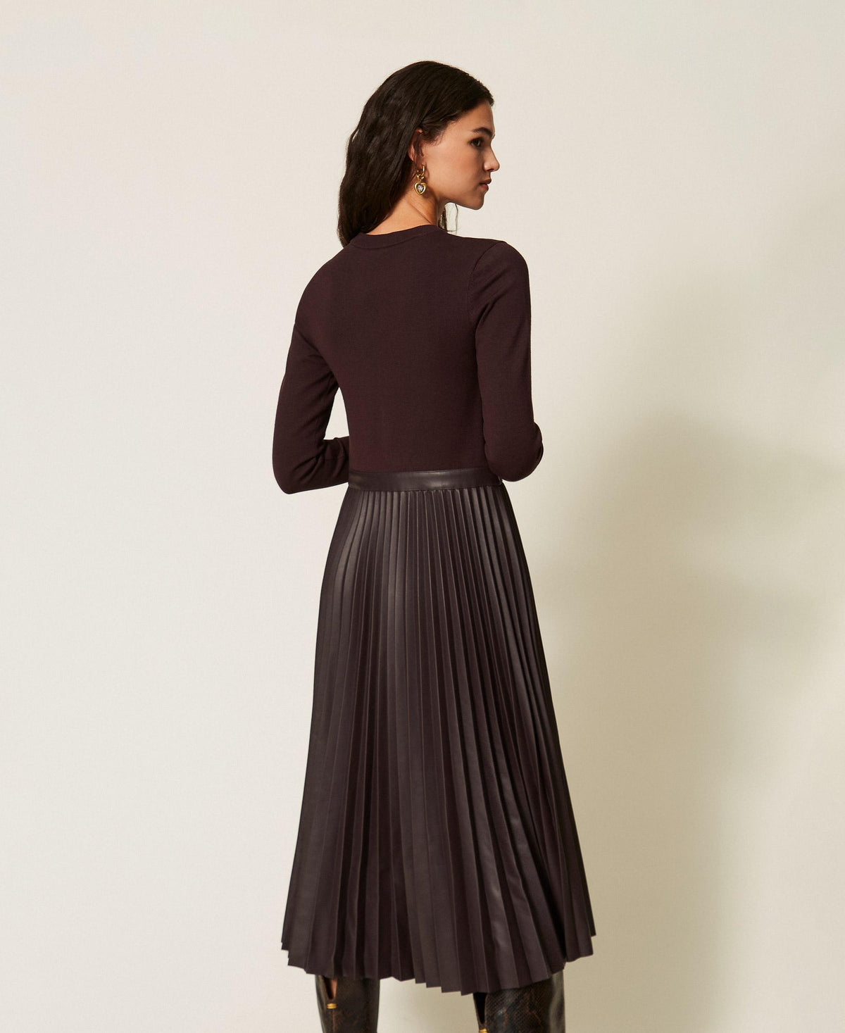 TWINSET Abito lungo in maglia ed effetto pelle 262TT3430 Coffe Chocolate