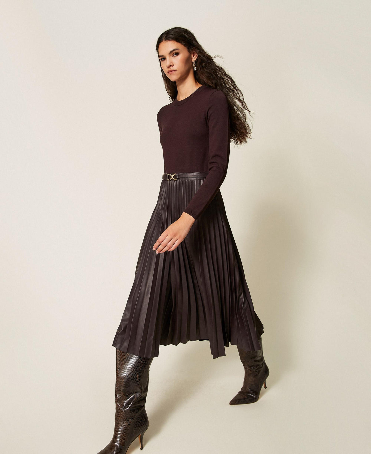 TWINSET Abito lungo in maglia ed effetto pelle 262TT3430 Coffe Chocolate