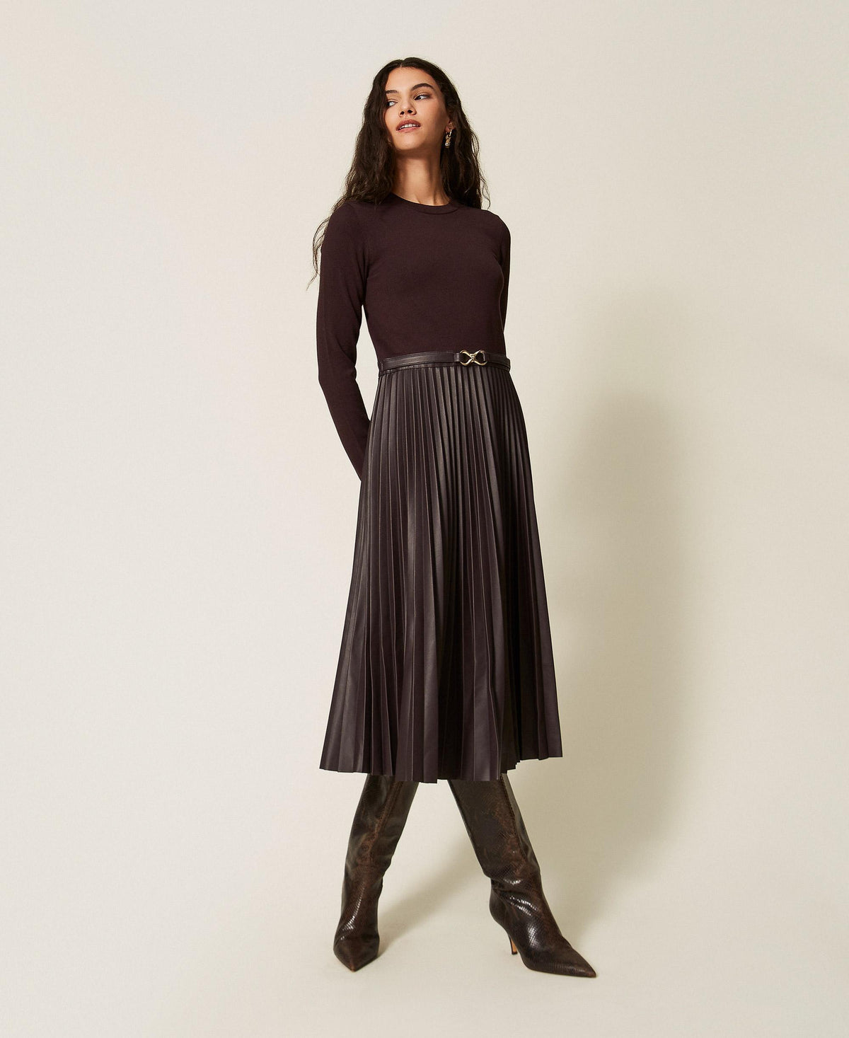 TWINSET Abito lungo in maglia ed effetto pelle 262TT3430 Coffe Chocolate