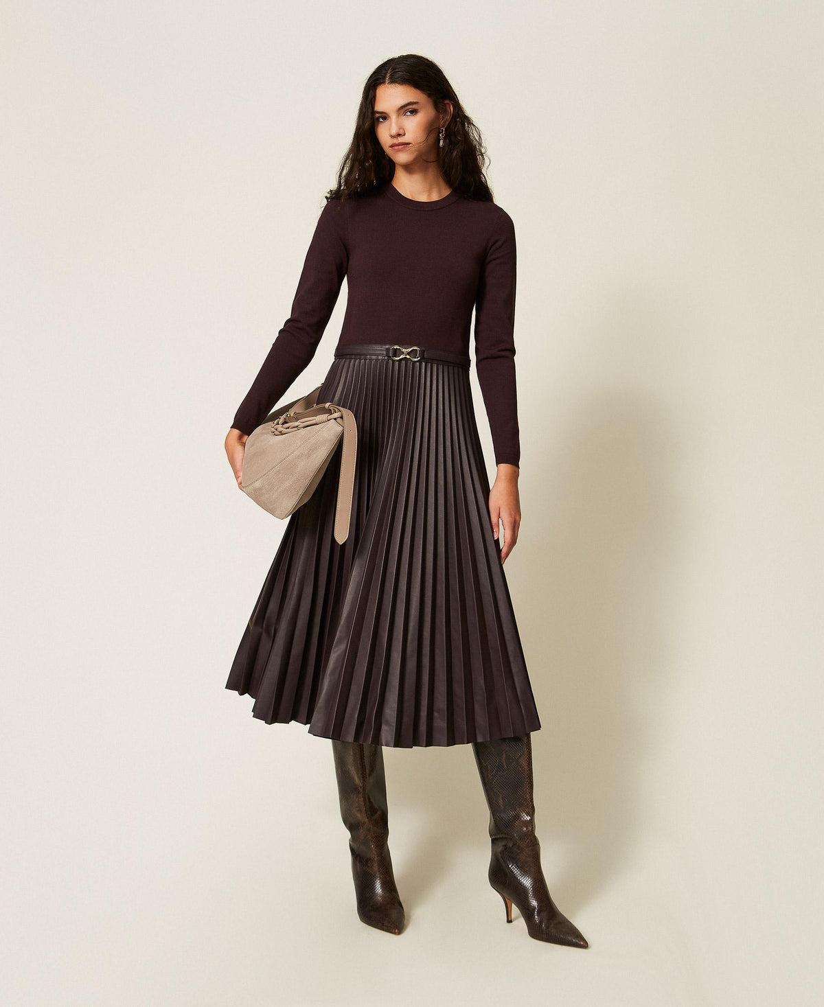 TWINSET Abito lungo in maglia ed effetto pelle 262TT3430 Coffe Chocolate